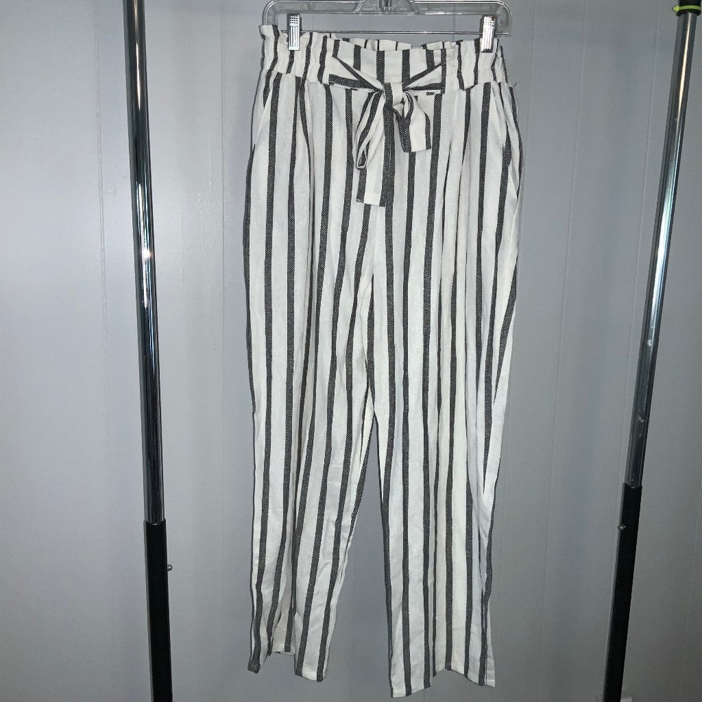 Ambiance linen blend striped straight leg pants Sz L paper bag waist pockets
